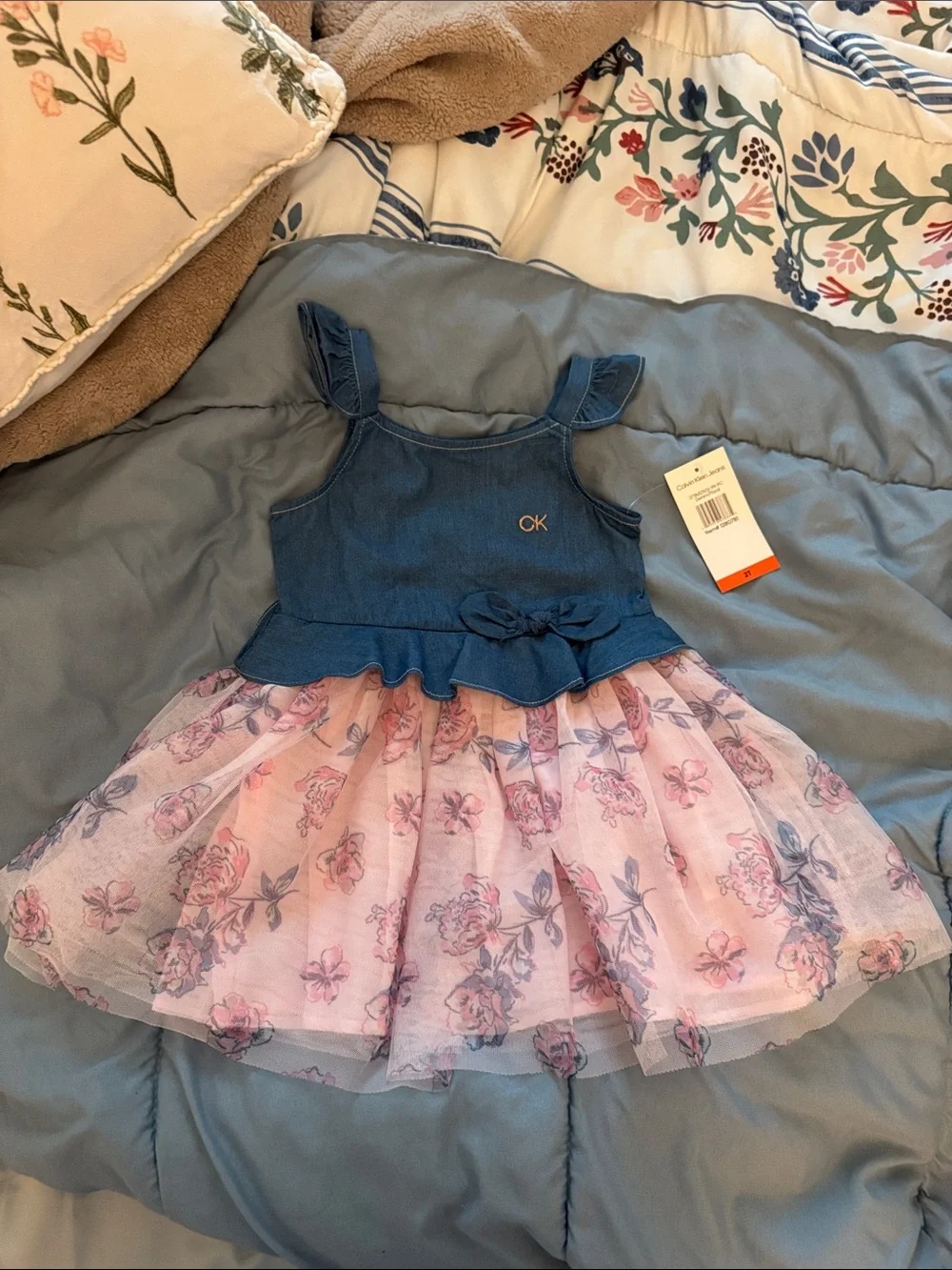 Calvin Klein Blue Denim Bodice with Pink Floral Tulle Dress
